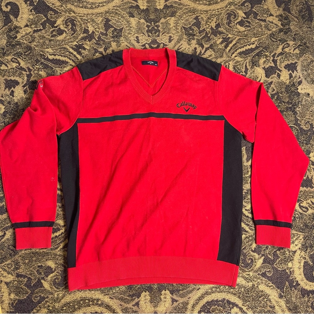 Callaway‎ 100 Polyester Blend Red V Neck Sweater Mens Size L